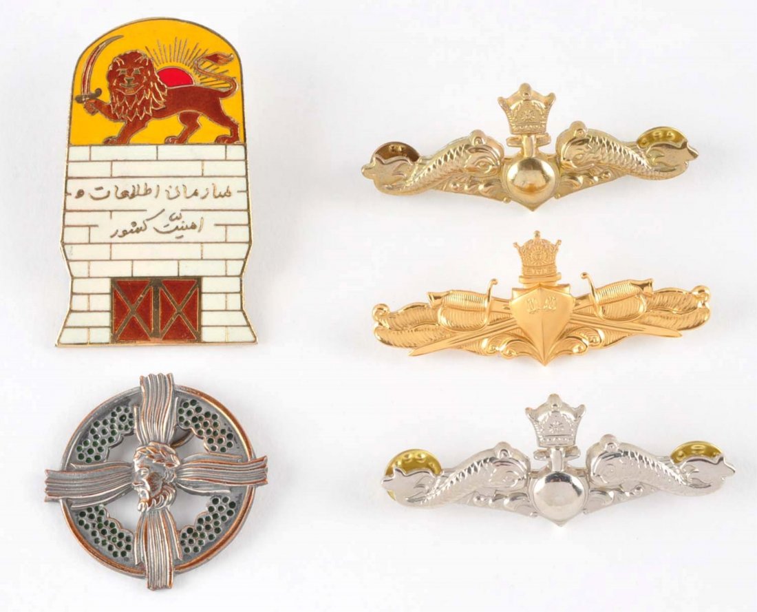 Lot Of 5: Misc. Pins and Badges.: Lot contains three pin on badges and two other badges. CORRECTION: These items are artifacts from the Iranian regime of the late Shah Reza Pahlavi and include a badge from a reunion of members of SAVA