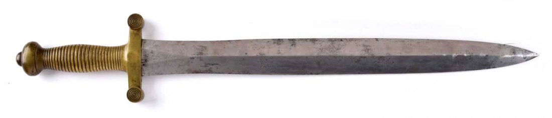 French 1830 Artillery Sword.: 19-1/3" Spear point blade with minor stains. Arsenal marks. 1834 date. No washer. Perfect brass guard with rack numbers. Condition (Very Good). Size 25 - 1/2"