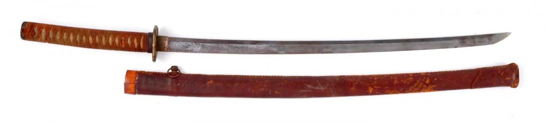 WWII Japanese Samurai Sword.: 25" blade and 32" overall. Blade has imperfections, no visible temper line. Crew tang, holed once. WWII recovered scabbard over wood. Plain, brass suba. Condition is good.