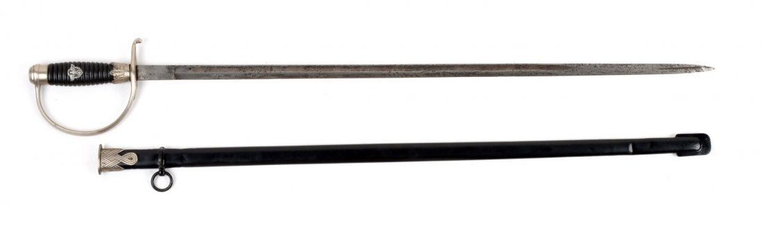 Nazi Police NCO Sword.: Sword is manufactured by Paul Weyersberg & Co. Solingen blade, single fuller, with some heavy pitting. Blade measures 29 - 1/4", and overall length is 34 - 1/2". Has the black wood handle with Nazi ea