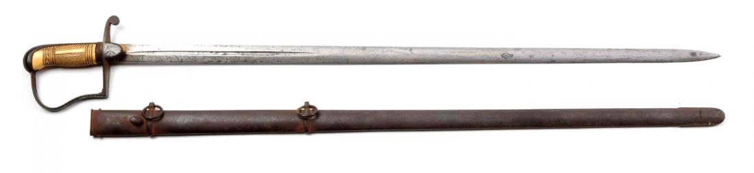 1840 U.S. Straight Bladed Militia Sword.: 30-1/2" single fullered blade etched with military motif. Gold wash at hilt. Reverse guard iron grip. No washer intact. Nicely checkered bone grip with minor crack. Scabbard has light surface rust. Mo
