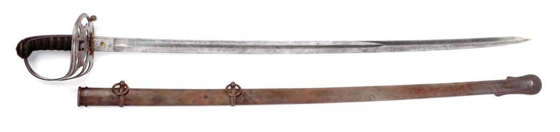 Non-Regulation Civil War Foot Officer's Sword.: 32 -1/2" single fuller etched blade. Original washer. Perfect shark skin grip and twisted wire wrap. Iron guard has "e pluribus unum" and bearing federal eagle and "U.S.". Iron scabbard has no dents, 