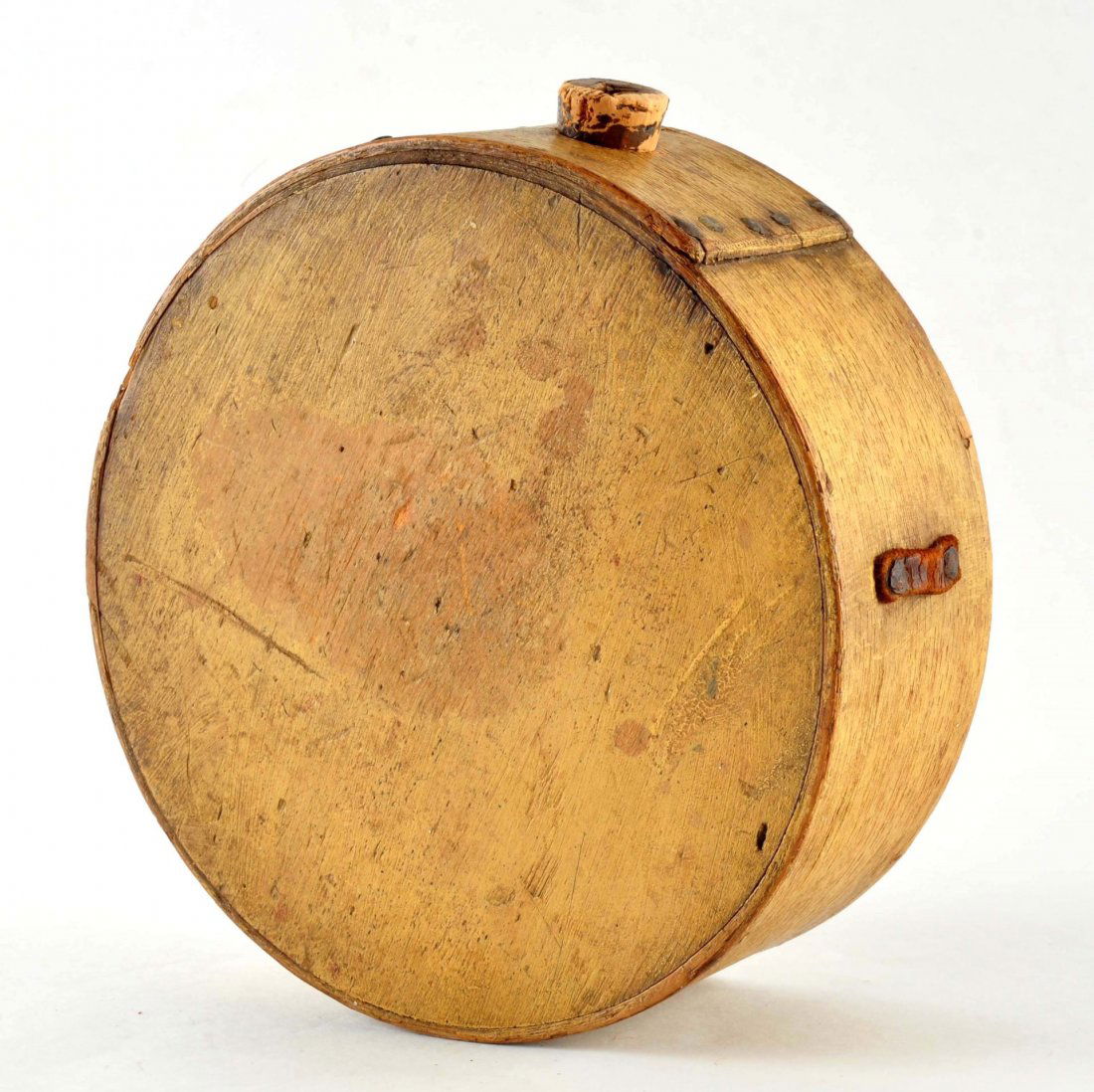 18th Century Wooden Cheese Box Canteen.: Yellow painted body with 7-3/8” diameter x 2- ½” wide. Front with large worn “US”, probably added later. This is the style used in the American Revolutionary War. Old cork plug on top with th