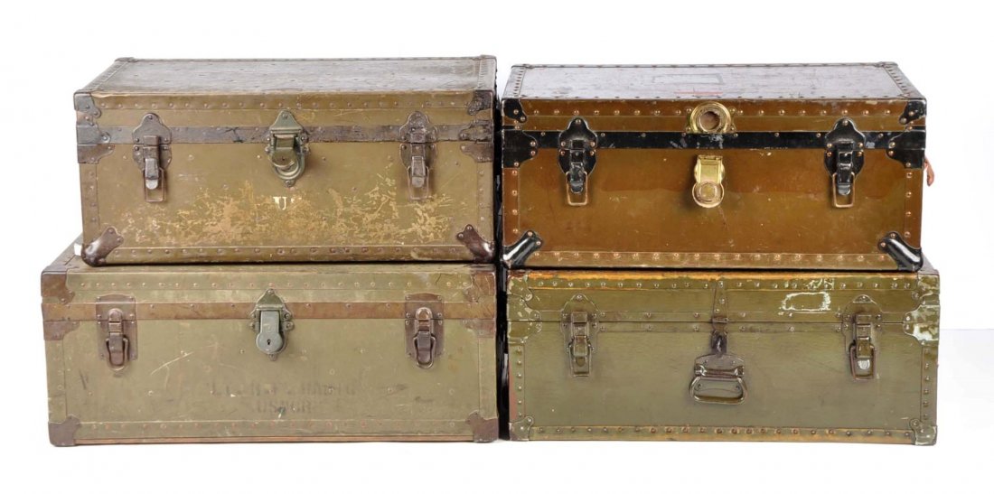 Lot of 4: Trunks, One with Fatigue Uniforms.: Four WWII US GI Footlockers, one has several uniform items inside.