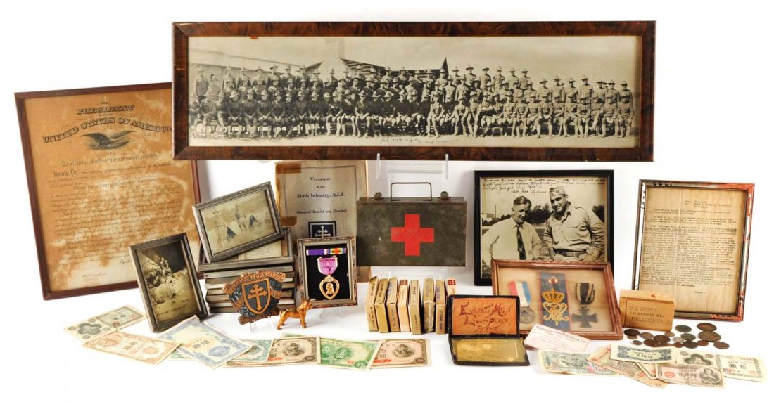 Huge WWI Memorabilia Lot of Lt. E.E. Mylin.: To include: 1917 Reserve Officers New York training photo with Springfield 03 rifles, a 1917 Camp Mead 314th infantry panoramic photo (no weapons), circa 1917 Officers panoramic photo, a 1919 "Just Ba