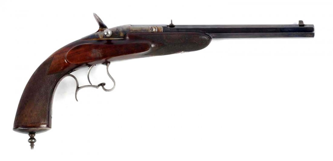 (A) Flobert Type 4 Single Shot Pistol.: Serial # NSN 9-1/2" barrel in .22 caliber. Octagon blued steel barrel with dove tailed front and rear sights. Marked on right side of barrel, "MARIETT/BREVETE". Unusual casehardened Flobert type actio