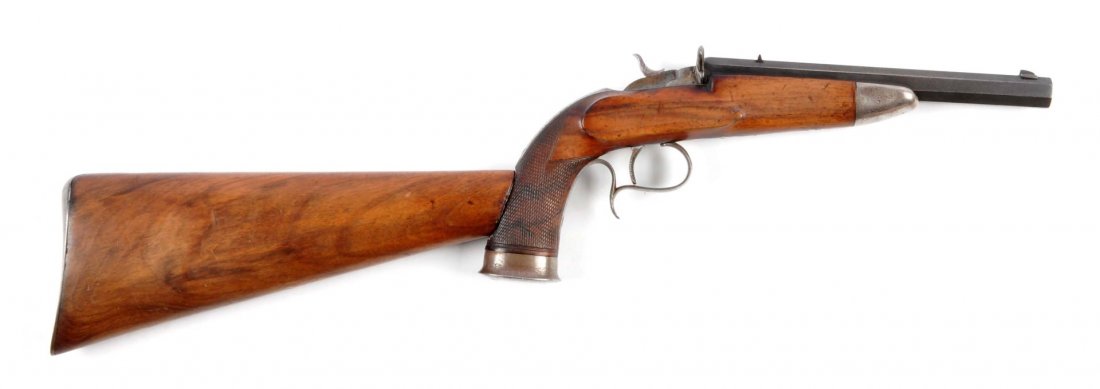 (A) Flobert Type 3 Pistol with Buttstock.: Serial # NSN .22 caliber rim fire, 8-1/4” blued octagonal barrel with Liege proof on left side, near breech, and “GALANT FABT” marked on top flat, near breech. Standard dovetailed sights, Flober