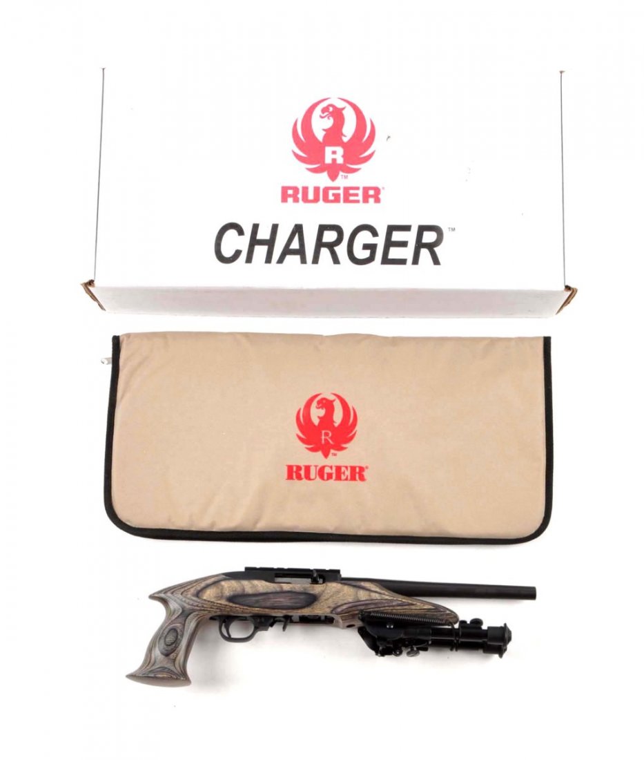 (M) MIB Ruger Charger Semi-Automatic Pistol.: Serial # 490-3638 10" barrel in .22 caliber. The Charger is a semi-automatic pistol based on the reliable Ruger 10/22 rifle. No sights. Includes factory scope base, extended magazine release and bipod