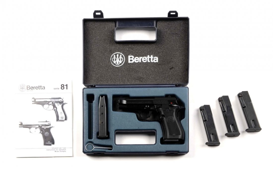 (M) Boxed Beretta 84F Semi-Automatic Pistol: Serial # E19415Y 3-3/4" barrel in .380 ACP. Double action semi-automatic with alloy frame, steel slide, white dot rear sight, composite grips, near new in box. Minor storage wear. Comes with five maga