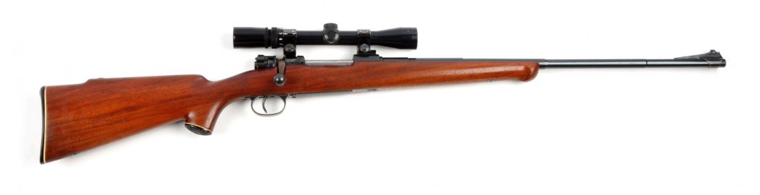 (M) Mauser Model 98 Bolt Action Sporting Rifle: Serial # 2864 This gun began life as a Nazi marked Mauser Bolt Action Rifle chambered for the 7.92 cartridge. It was custom converted post war into it's present configuration. Features a 24" barrel, b
