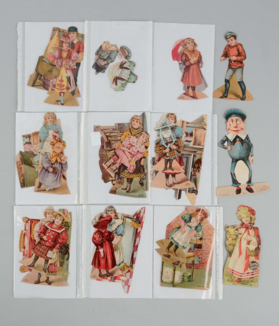 Large Assortment of Lion's Coffee Paper Doll Sets.: Includes Palmer Cox's Sailor, Red Riding Hood, the Baker, the Bathroom, the Dining Room, the Kitchen, the Laundry, the Hall, and more. Condition (Good).