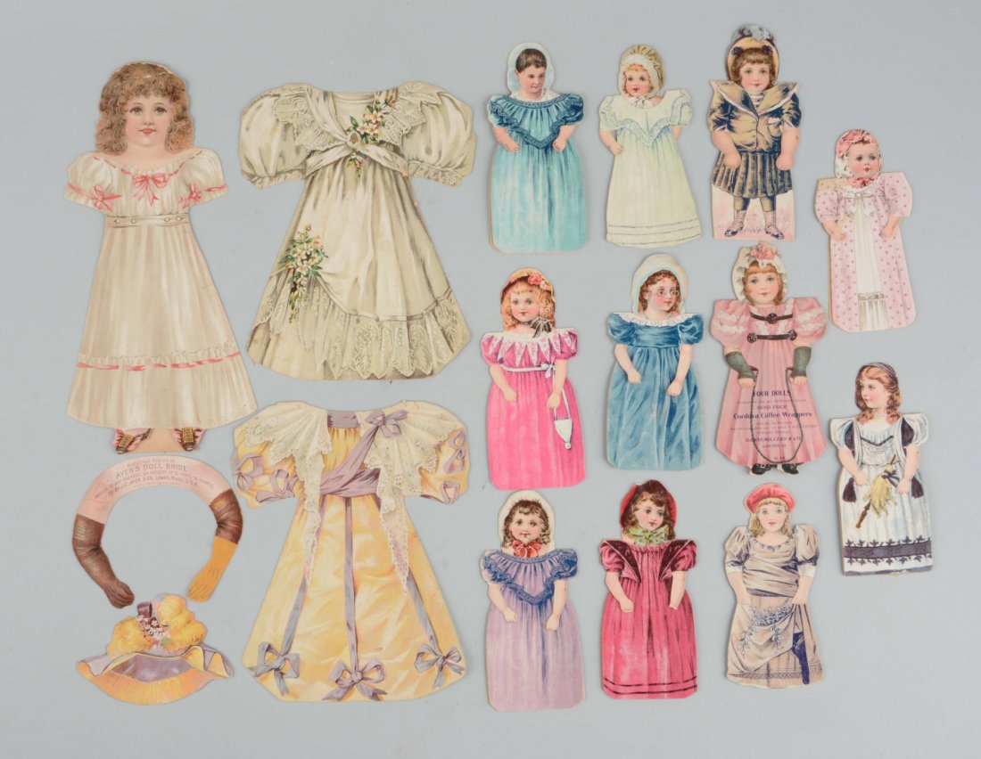 Lot of 12: Antique Advertising Paper Dolls.: Circa 1890's. Seven Worcester Salt Co., Tutti Frutti Gum, Stollwerck's Cocoa, Cordova Coffee, Crother's Soda, and Ayer's Sarsaparilla. Ayer's doll is 9-1/4" tall with head bend, missing arm, and some 