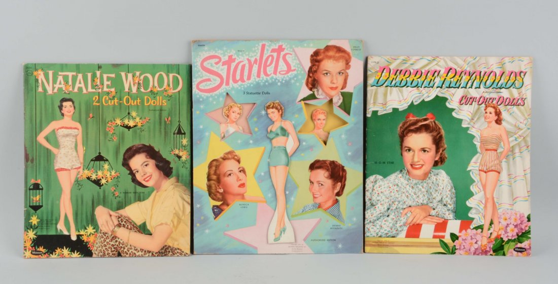 Lot of 3: Vintage 50's Celebrity Paper Doll Books.: All are uncut. Debbie Reynolds; Natalie Wood; and starlets Sally Forrest, Monica Lewis, and Debbie Reynolds. Back cover of starlets has a corner missing. Condition (Good).