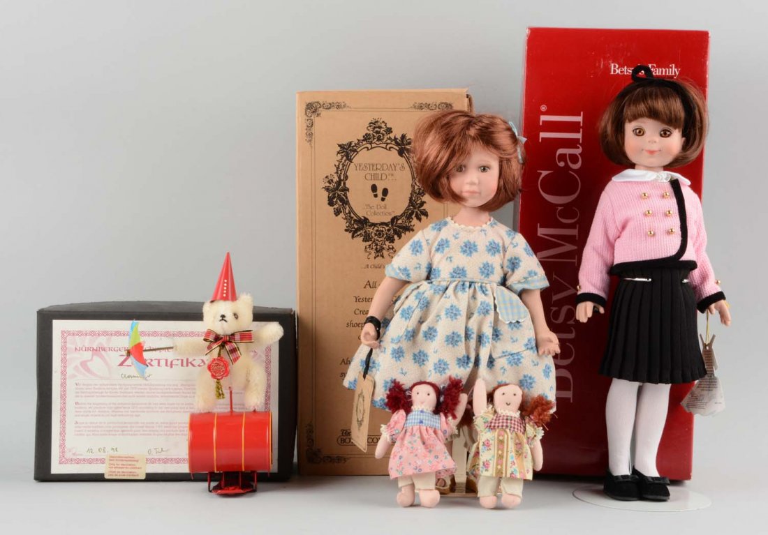 Lot Of 3: Contemporary Dolls and Bear Toy.: Includes: Tonner Betsy McCall doll, all original, needs restrung; a Boyd doll, "Katy", all original and a Tucher & Walther wind up bear. All included their orignal boxes. Condition (Good - Very Good).