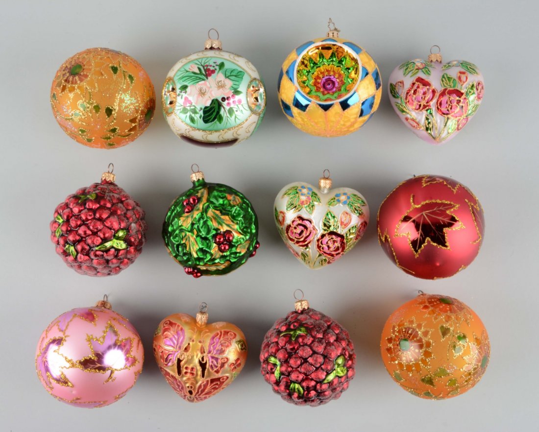 Lot Of 12: Radco Christmas Ball Ornaments.: Large balls and hearts. 4" - 6" tall. Condition (Excellent). Size Largest: 4'' Dia.