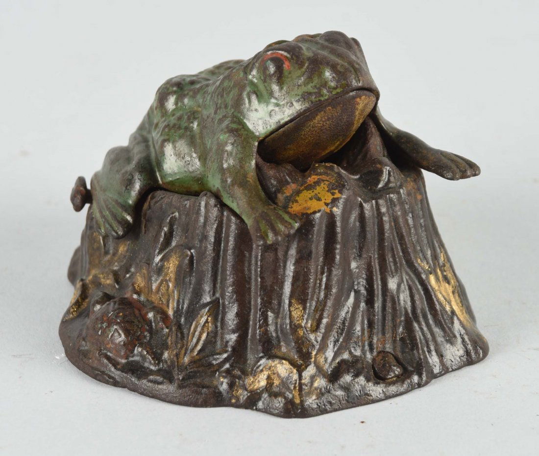 Cast Iron Toad on Stump Mechanical Bank. (1 of 2)