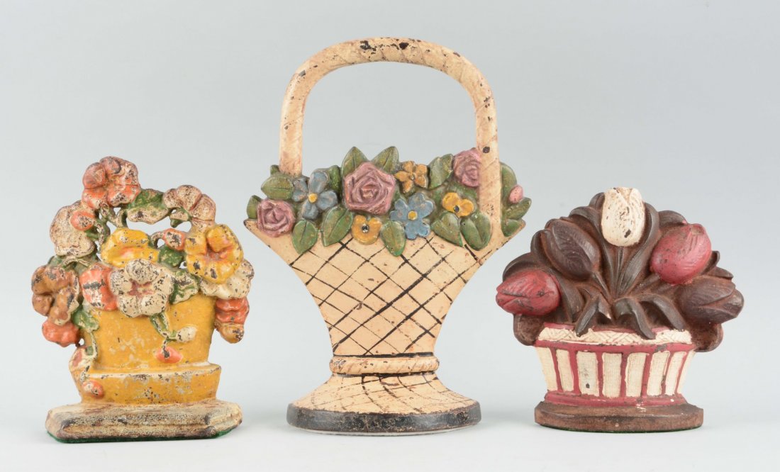 Lot of 3: Cast Iron Assorted Flower Doorstops: Hubley, Conn. Foundry, etc. One repainted. Condition (Good). Size Largest: 10-1/2'' T.