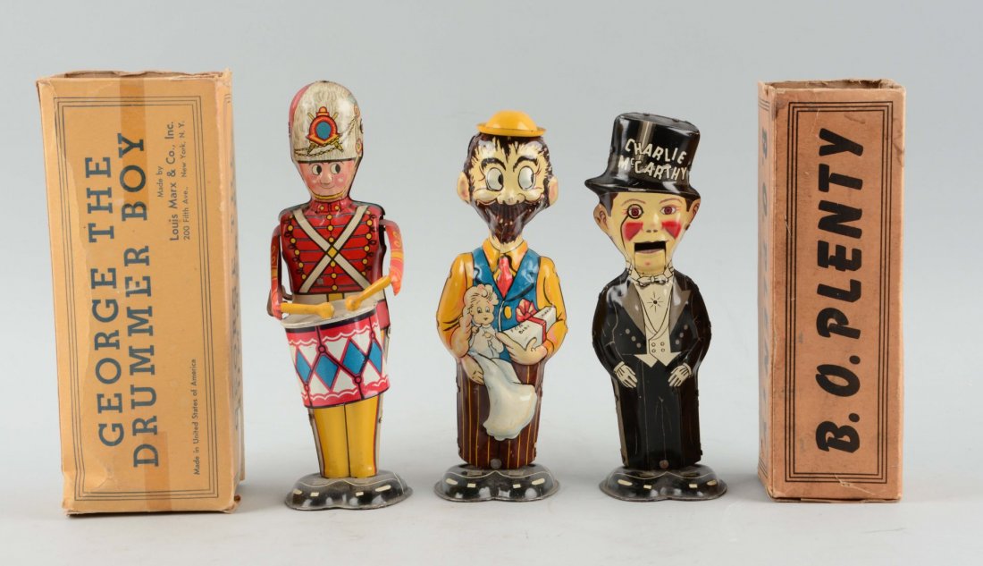 Lot of 3: Marx Wind-Up Toys.: Includes one Charlie McCarthy toy that is all original with some scratches, a B.O. Plenty that is complete and all original with original box, and George the Drummer Boy that is complete and all origi