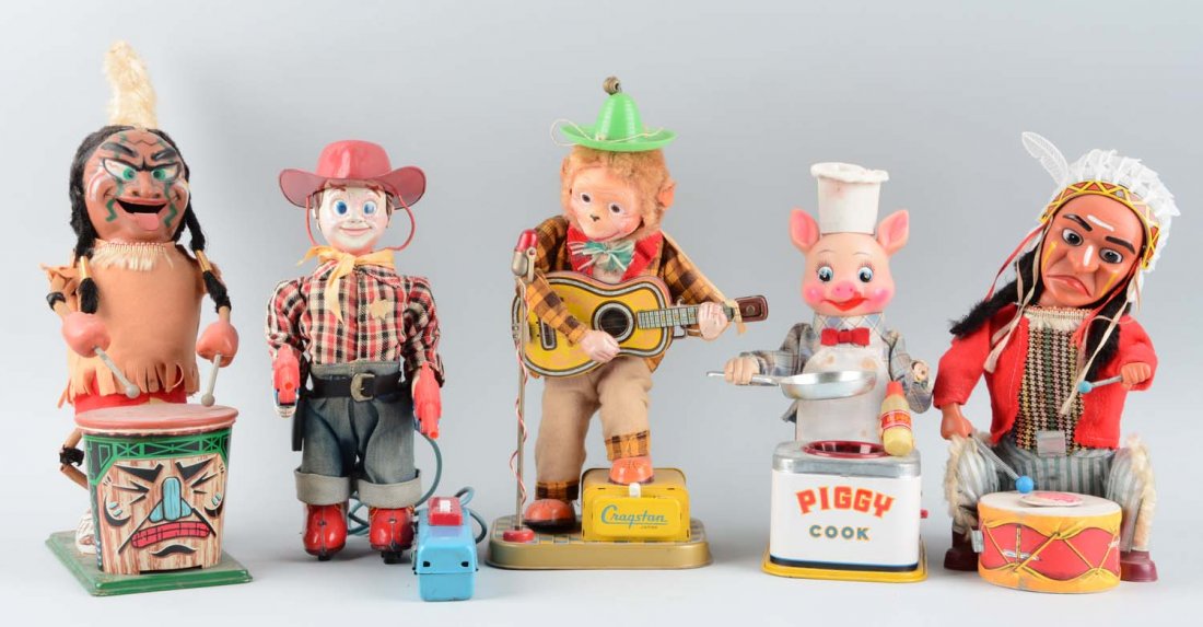 Lot Of 5: Japanese Batter Operated Toys.: Includes: Cragstan Rock N Roll Monkey - complete, clean, in excellent condition. Piggy Cook - arm is broken, litho is nice, clothes have some stains, in very good condition. Indian Drummer - clothing