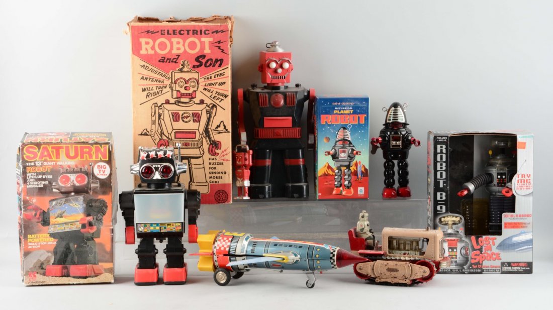 Lot of 6: Assorted Robot & Space Toys.: Solar-X Space Rocket, Marx Electric Robot and Son with original box, robot on tractor, Mechanical Planet Robot in original box, Saturn Giant Walking Robot with original box, Robot B9 in original box.