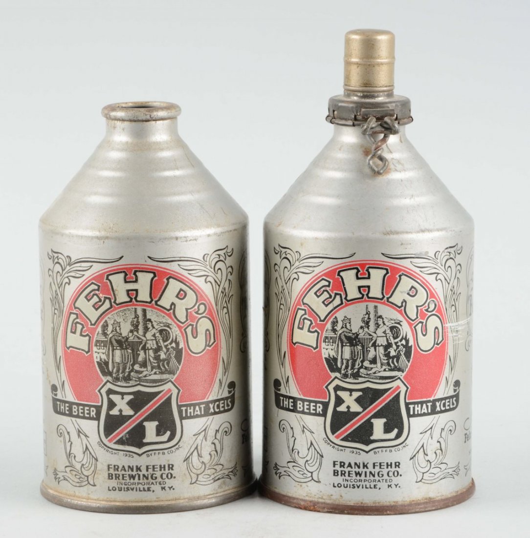 Lot Of 2: Fehr's Beer Crowntainers.: Both are nice examples with light overall wear. Condition (Excellent). Size largest: 6'' T.
