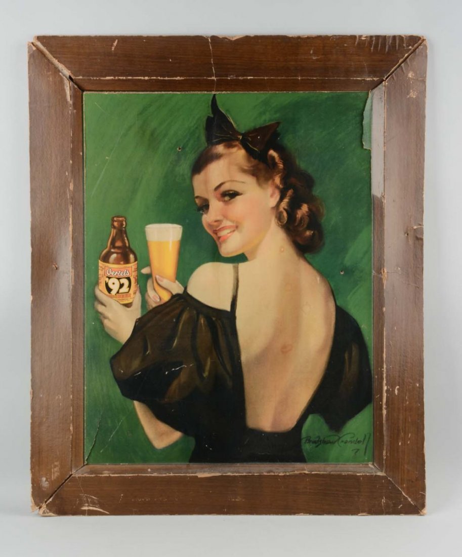 Oertels 92 Beer Self-Framed Cardboard Lithograph.: Hard to find sign. Has overall wear and tearing. Still displays well. Condition (Good - Very Good). Size 34'' x 28''.