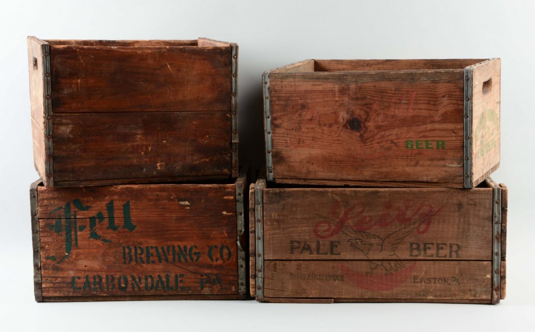 Lot Of 4: Wooden Beer Crates.: Includes: Seitz, Fell, Bushkill and Wenner. All with wear and damage. Condition (Good - Very Good). Size Largest: 21-1/2'' L.