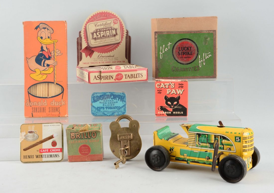 Lot of 9: General Store Items & Marx Tin Tractor.: This lot includes: Marx 5 wind up tin litho tractor with minor wear and scrapes, one new old stock box of Donald Duck straws, a new old stock box of Brillo Cleaner Soap, one new old stock box of Cat's