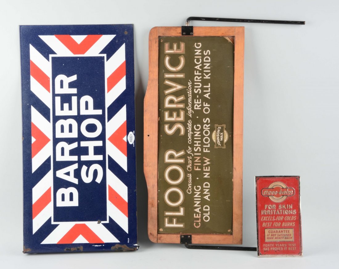 Lot Of 3: Advertising Signs.: The first sign is for Acco-Balm. It is an embossed tin over cardboard sign that does have some moderate fading and scraping. The second sign is porcelain Barber Shop flange sign made by William Marvey