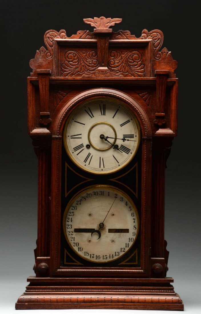 Waterbury Double Dial Calendar Shelf Clock. (1 of 6)