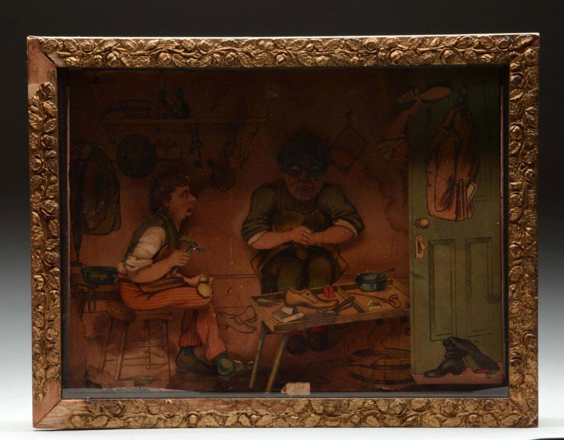 Paper Lithograph Diorama of Cobblershop.: With five movements. Operated at time of inspection. Condition (Good). Size 17 - 1/2" L.