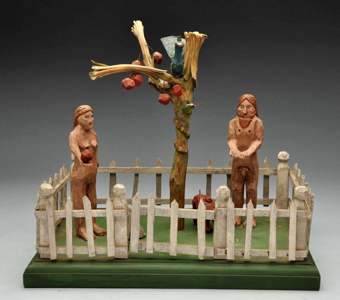 Hand Carved Adams & Eve Scene.: This hand carved scene depicts Adam and Eve in the Garden of Eden with the serpent and a few other animals. Very nicely done. Condition (Excellent). Size 13 - 1/2" x 11" x 9".