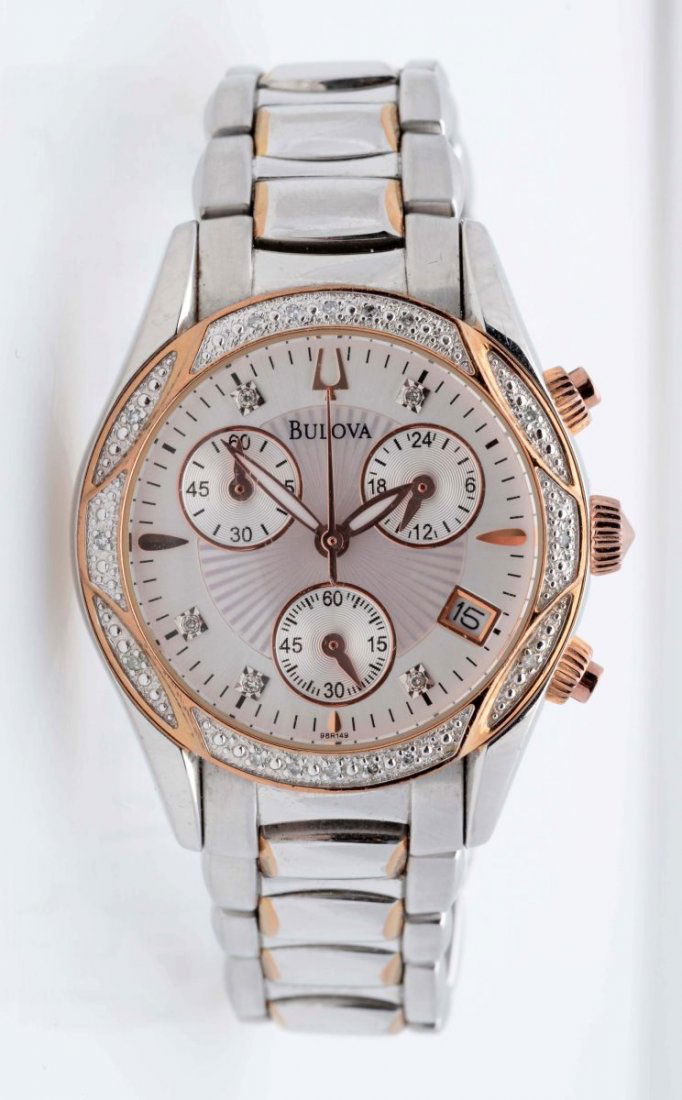 Bulova Wrist Watch.: A Bulova wrist watch with stainless steel bracelet. This watch is a chronograph with quartz movement. The watch has a deployant clasp. It is circa 2014.