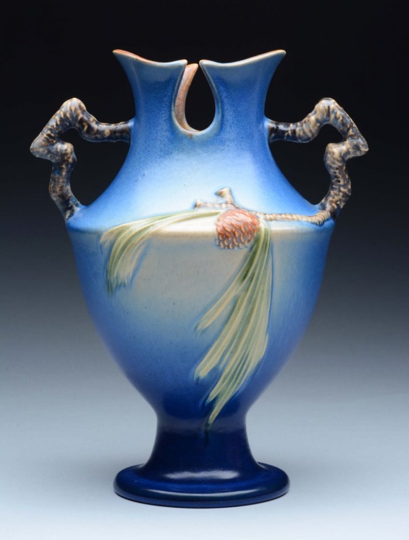 Roseville Pottery Blue Pine Cone Dbl. Handle Vase. (1 of 4)