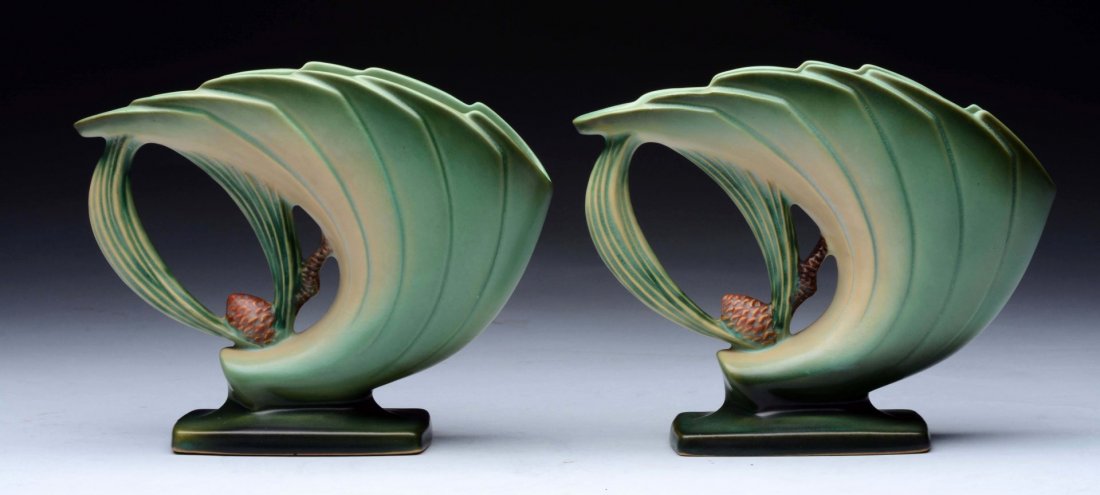 Lot Of 2: Roseville Pinecone Fan Vases. (1 of 3)