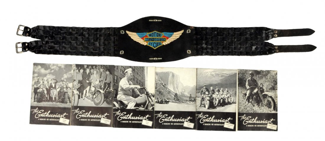 Lot Of 7: Harley Davidson Kidney Belt & Magazines.: This lot includes a 1940’s Harley Davidson kidney belt in very good condition. The buckles and straps are hardly worn. The center bar and shield logo was hand painted years ago and has a period look