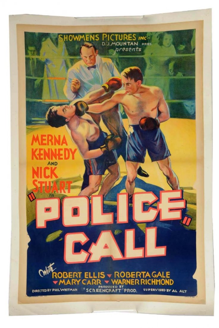 1930's "Police Call" Boxing Movie Poster.: Poster is mounted on linen and does have a few touch ups. The colors and graphics are strong. Condition (Very Good). Size 44" x 30".