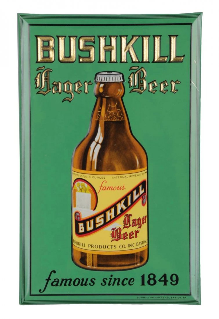 Bushkill Lager Beer Tin over Cardboard Sign. (1 of 1)