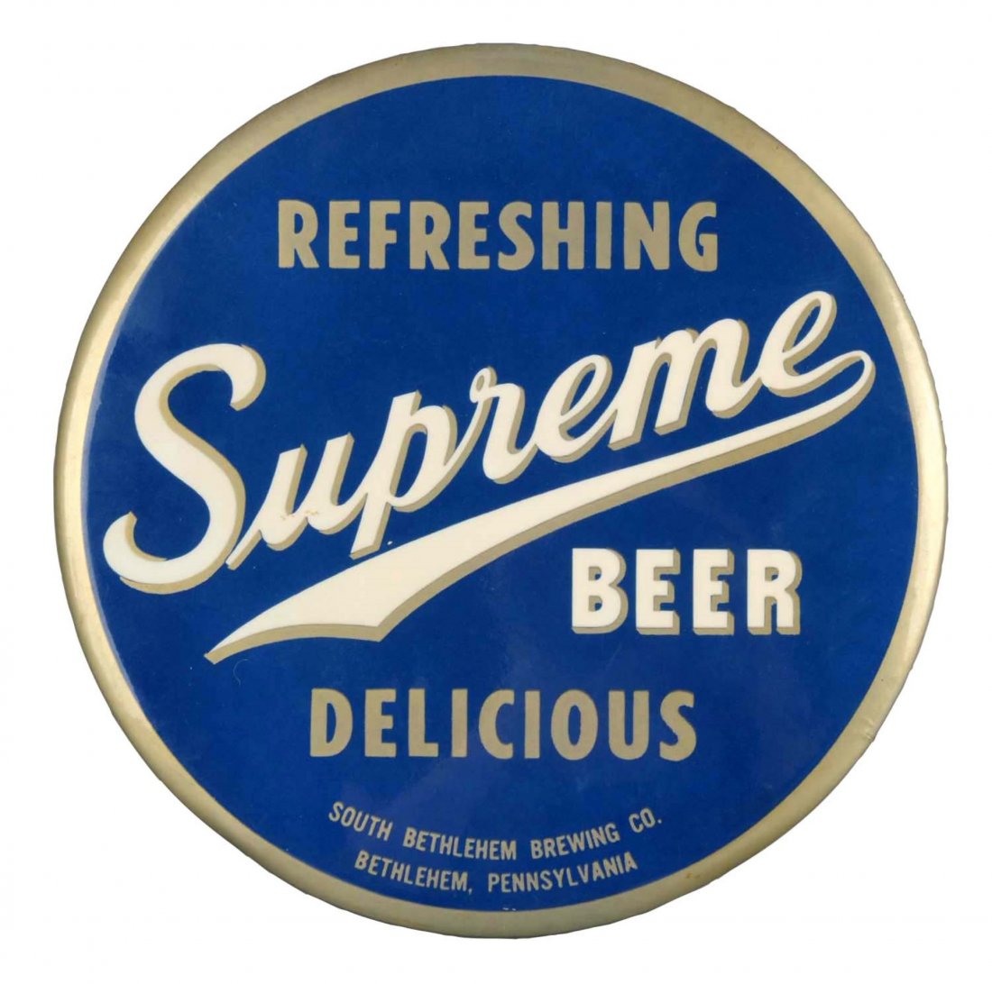 Supreme Beer Tin over Cardboard Button Sign.: Clean solid example with a couple minor scuffs, "U" in supreme and below the "P". Condition (Excellent). Size 9'' Dia.
