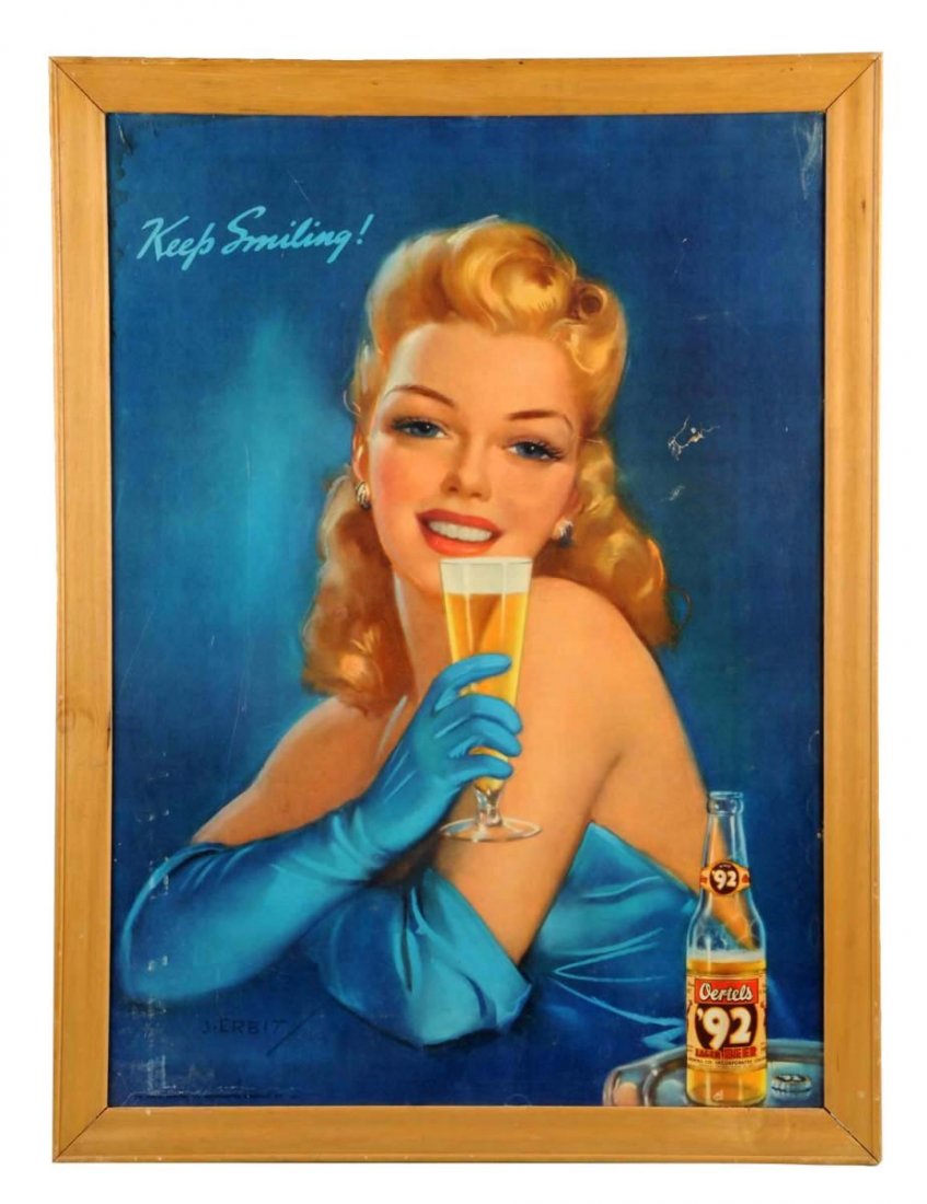 Large Oertels Beer Advertising Sign.: This cardboard sign is framed without glass and has a sensual image of a woman enjoying her beer. There is some scuffs, rubs, one hole punch to the sign and a light water stain on the top left corner 
