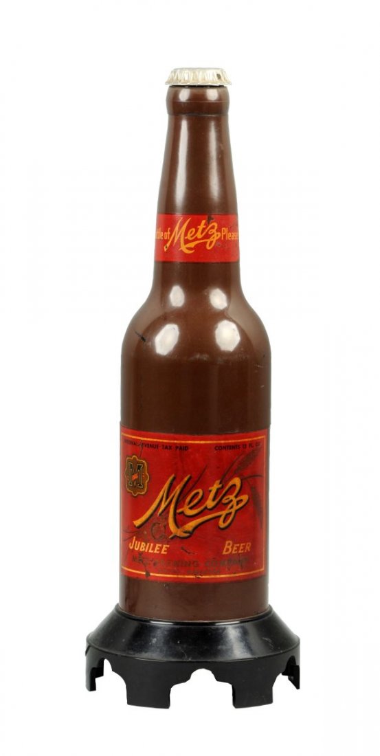 Metz Beer Large Light-Up Plastic Display Bottle.: Circa 1930's. Rare and hard to find. Nice clean example. Some light wear to bottle and label. Condition (Excellent). Size 23-1/2'' T.