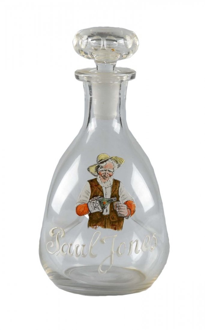 Paul Jones Pure Rye Saloon Bottle.: Bottle retains its original stopper and original paint. Paint is very strong with one tiny chip to the 's' in "Jones". The graphic of the man pouring out the liquor is very strong with no chipping. Th