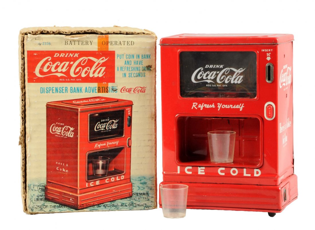 1950s Marx Coco-Cola Tin Toy Dispenser Bank & Box. (1 of 1)