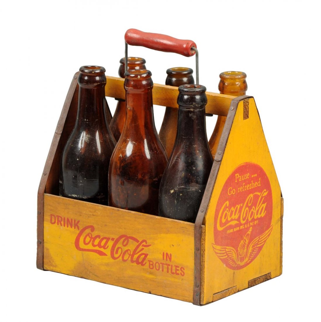 Coca - Cola Wooden Carrier & Amber Bottles. (1 of 2)