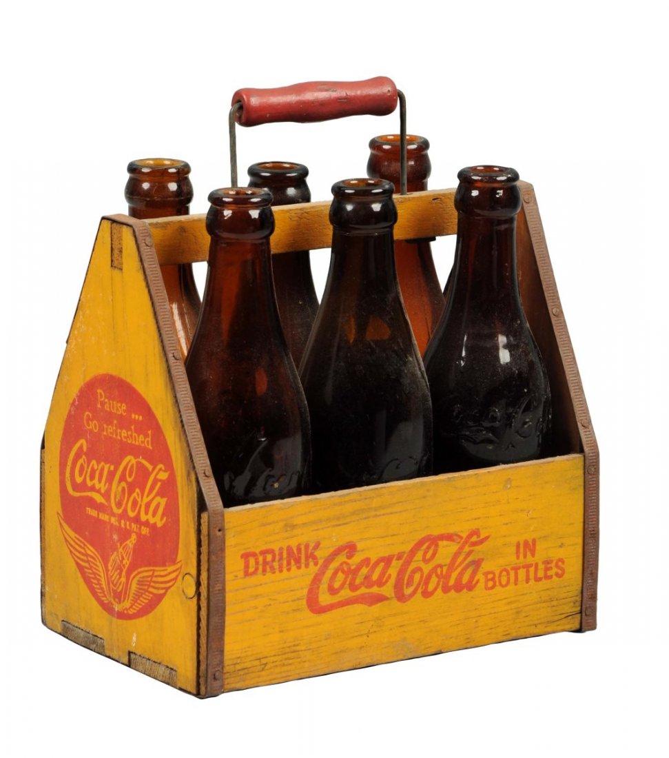 Coca - Cola Wooden Carrier & Amber Bottles. (1 of 2)