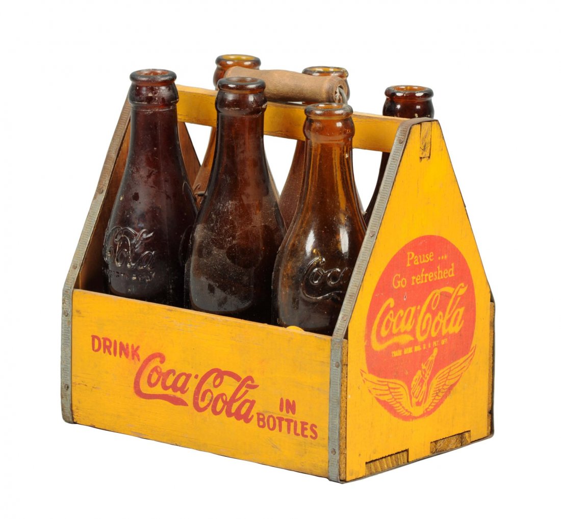 Coca - Cola Wooden Carrier & Amber Bottles. (1 of 2)