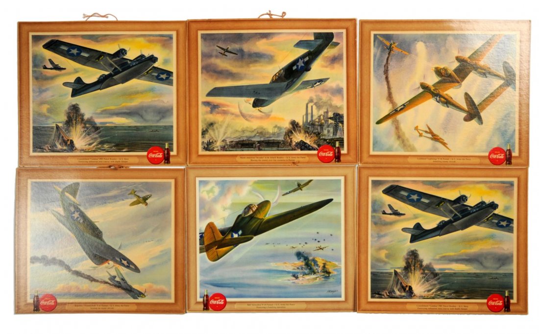 Lot of 26: Coca-Cola Fighting Planes Signs.: This is a nice lot of signs from Coca-Cola highlighting airplanes that were used in the war. Includes the original envelope which has numerous tears. The 26 signs show almost no wear and still have th