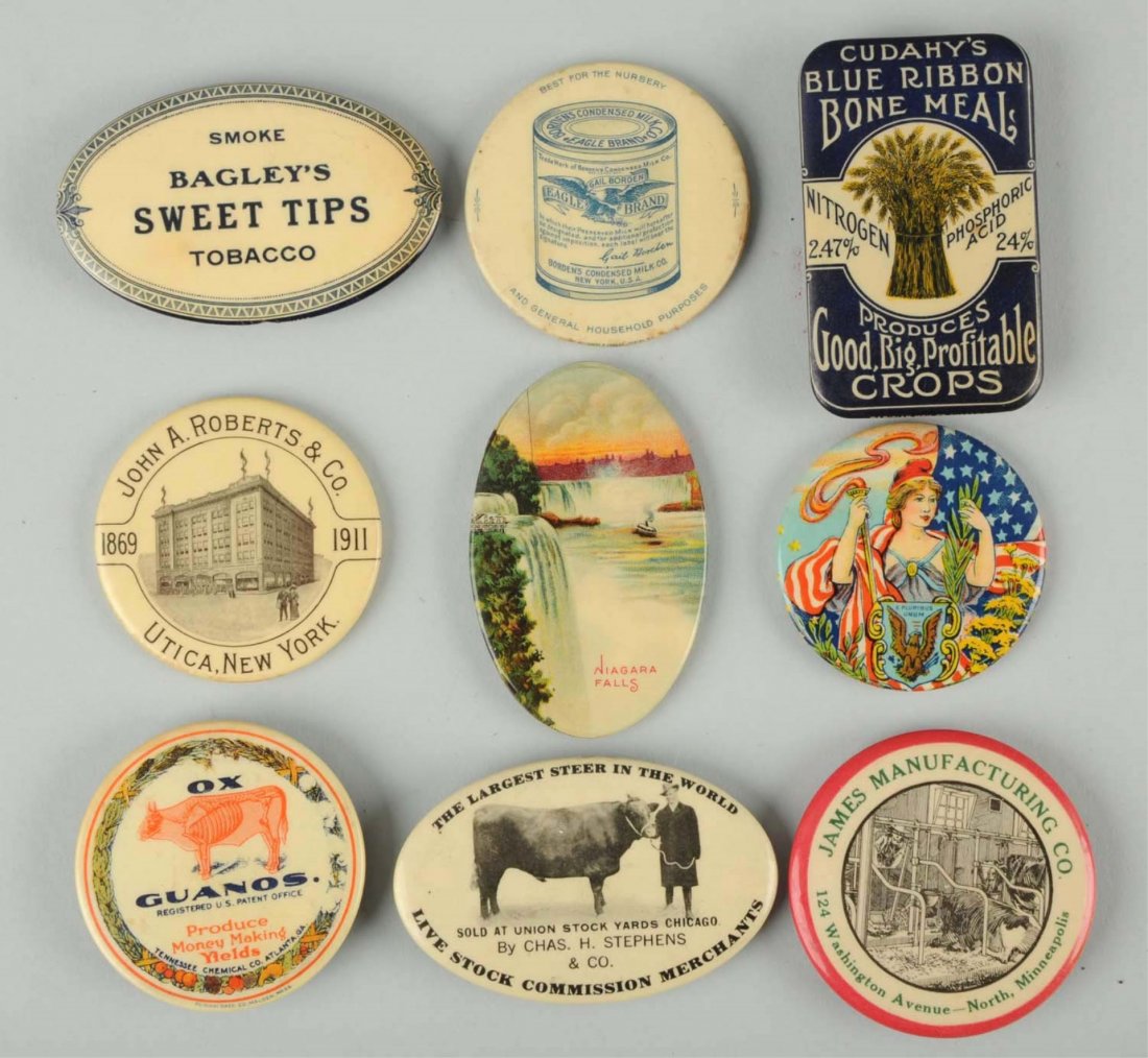 Lot of 9: Celluloid Pocket Mirrors & Whet Stones.: Included in this lot are whet stones from Cudahy’s Blue Ribbon Bone Meal, Live Stock Commission Merchants, Bagley’s Sweet Tips Tobacco, James Manufacturing Co. and Ox Guanos. The pocket mirrors in
