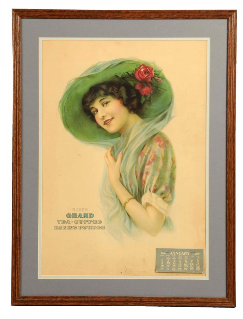 1916 Buse's Grand Advertising Calendar.: Framed behind glass and retains its original full calendar pad. The sign has some very light soiling, a few minor rubs and a tiny hole punch in the bottom center. Condition (Very Good).