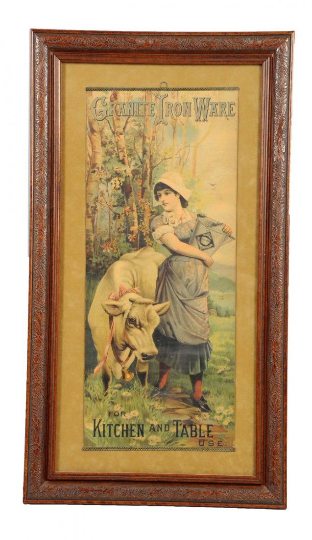 1884 Granite Iron Ware Advertising Poster.: This poster is framed behind glass and was made by Donaldson Brothers, Five Points, New York. This poster still retains its original top and bottom metal strips. The graphics are fabulous as well as t